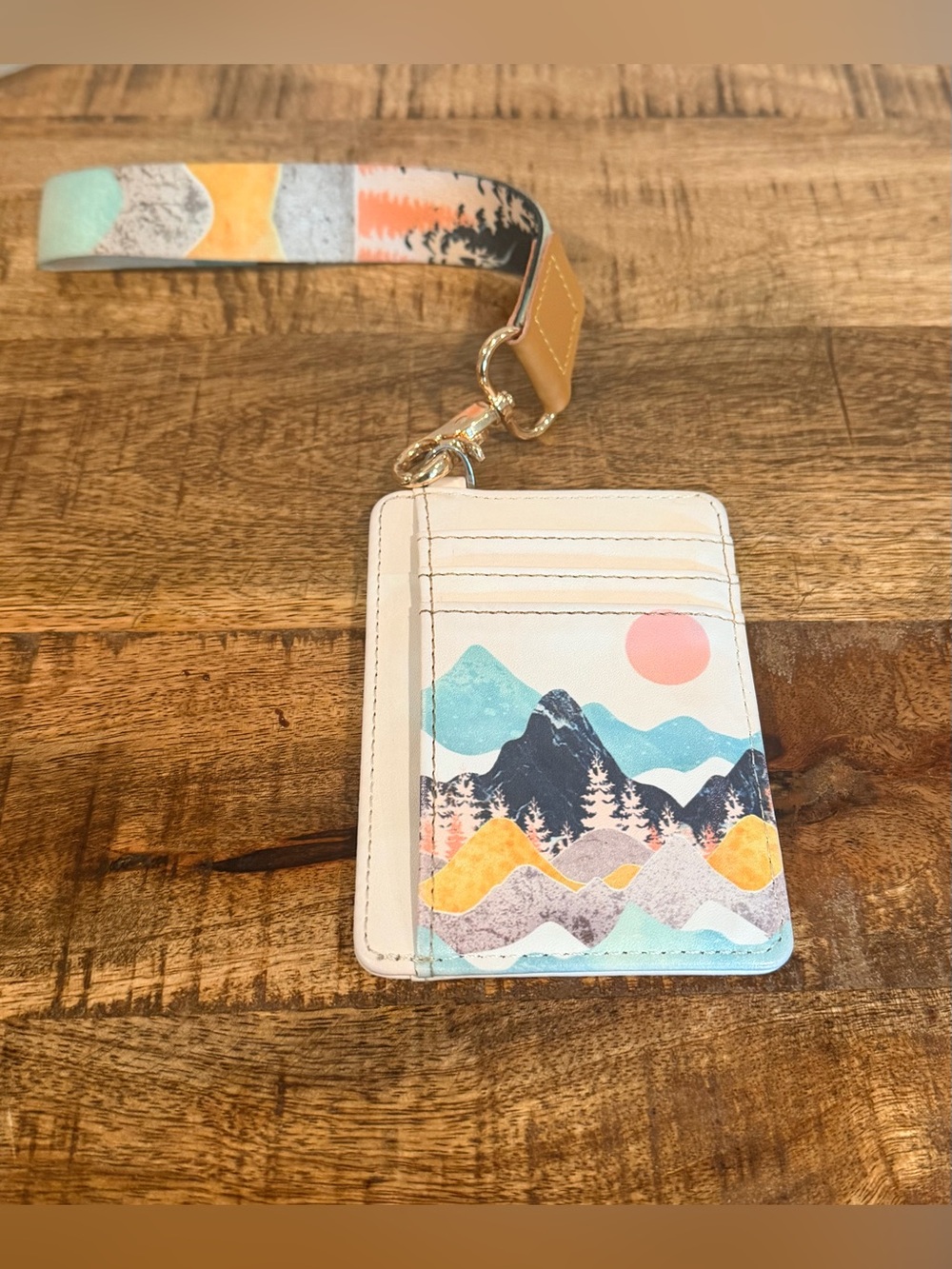 Mountain Sunrise Card Holder Lanyard - Cream/Turquoise/Pink